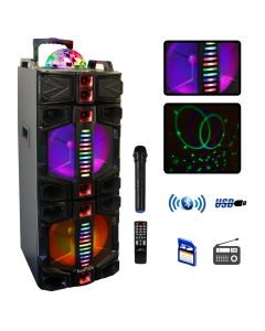 beFree Sound Dual 12 Inch Subwoofer Portable Bluetooth Party Speaker with LED Lights, USB/ SD Input, Rechargeable Battery, Remote Control and Wireless Microphone