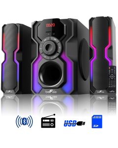 beFree Sound 2.1 Channel Bluetooth Multimedia Wired Speaker Shelf Stereo System with Reactive LED Lights, FM Radio, USB, and SD Inputs