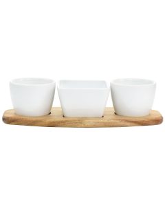 Gibson Elite Gracious Dining 4 Piece Fine Ceramic Tidbit Dish Set with Acacia Wood Base