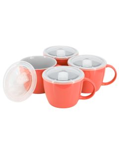 Gibson Home On The Go 4 Piece 25 Ounce Stoneware Soup Cup Set with Lid in Red