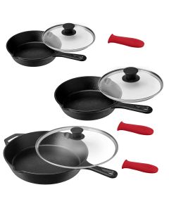 MegaChef Pre-Seasoned 9 Piece Cast Iron Skillet Set with Lids and Red Silicone Holder