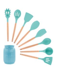 MegaChef Light Teal Silicone and Wood Cooking Utensils, Set of 9